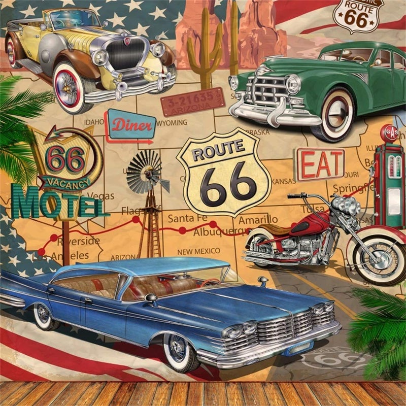 AOFOTO 6x6ft Vintage Car Route 66 Backdrop Retro Motel Motor Classic Cars Truck American Historic Road Sign Photography Background Comic Diner Route 66 Birthday Party Decorations Photo Studio Props - Image 3